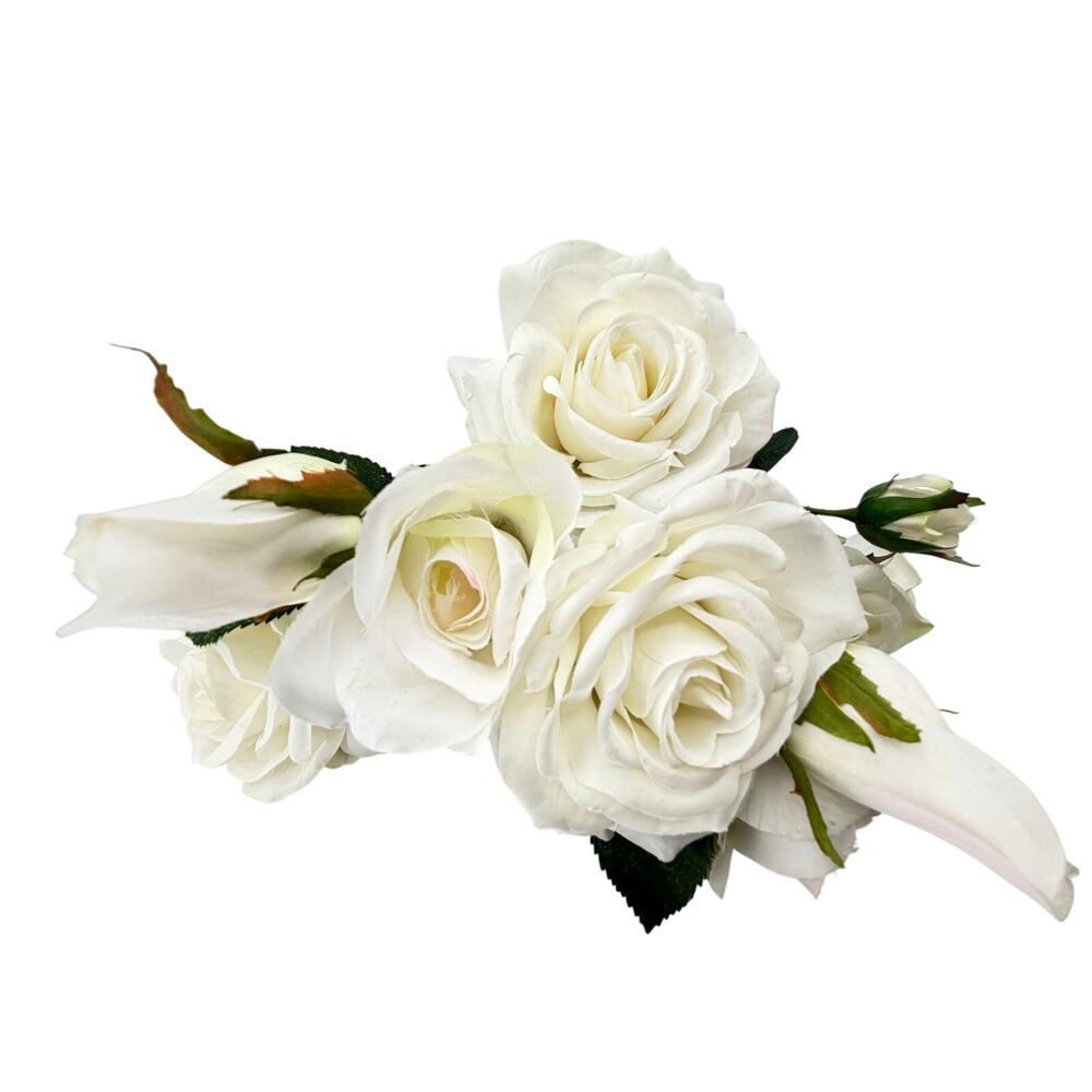 Faux White Silk Rose Bouquet Artificial 6 stems 27in H